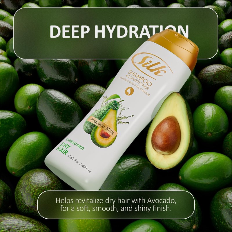SILK 2 in 1 Shampoo and Conditioner for Dry, Damaged Hair – Deep Nourishing Wash with Avocado Extract – Anti-Frizz, Shine & Softening for Men & Women – Avocado Milk Scent, 13.6 fl oz (Pack of 6)