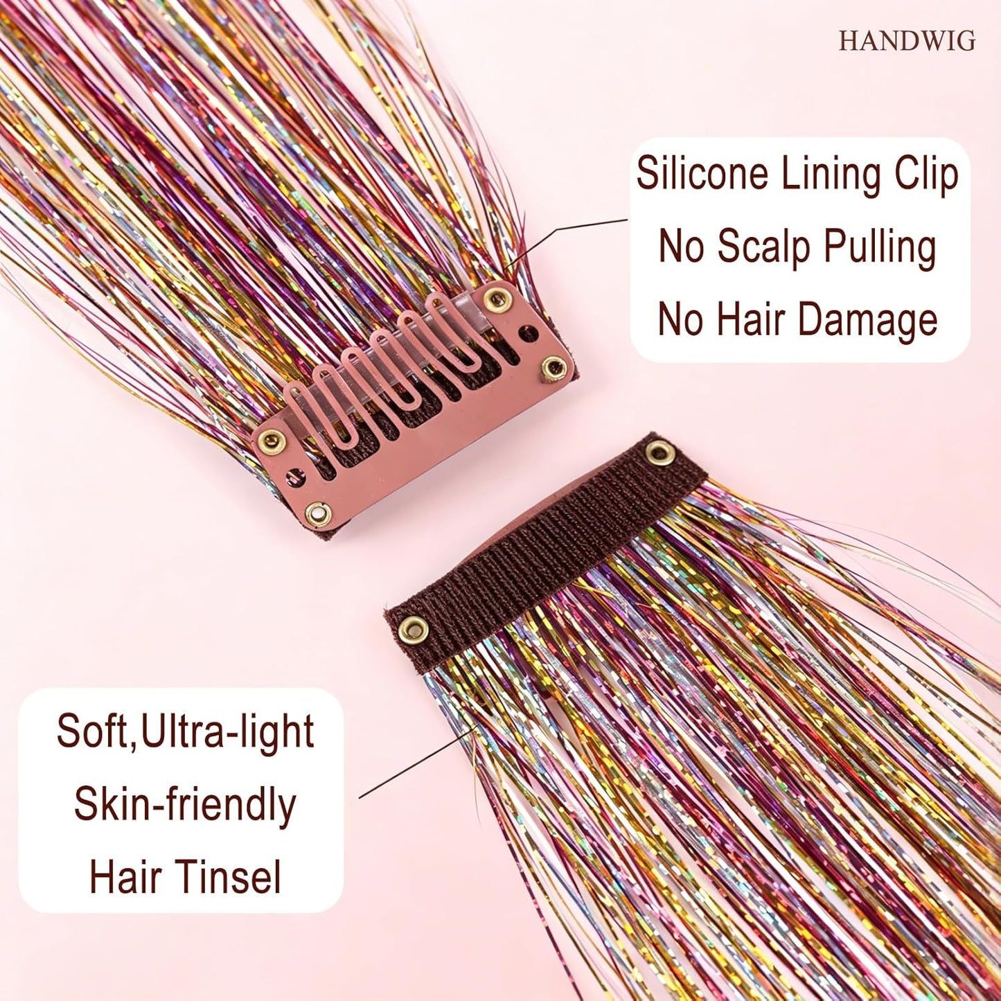 Skiennix Silver Clip-In Hair Tinsel - 24 Inch Heat Resistant Glitter Extensions | 75 Strands for Weddings & Parties