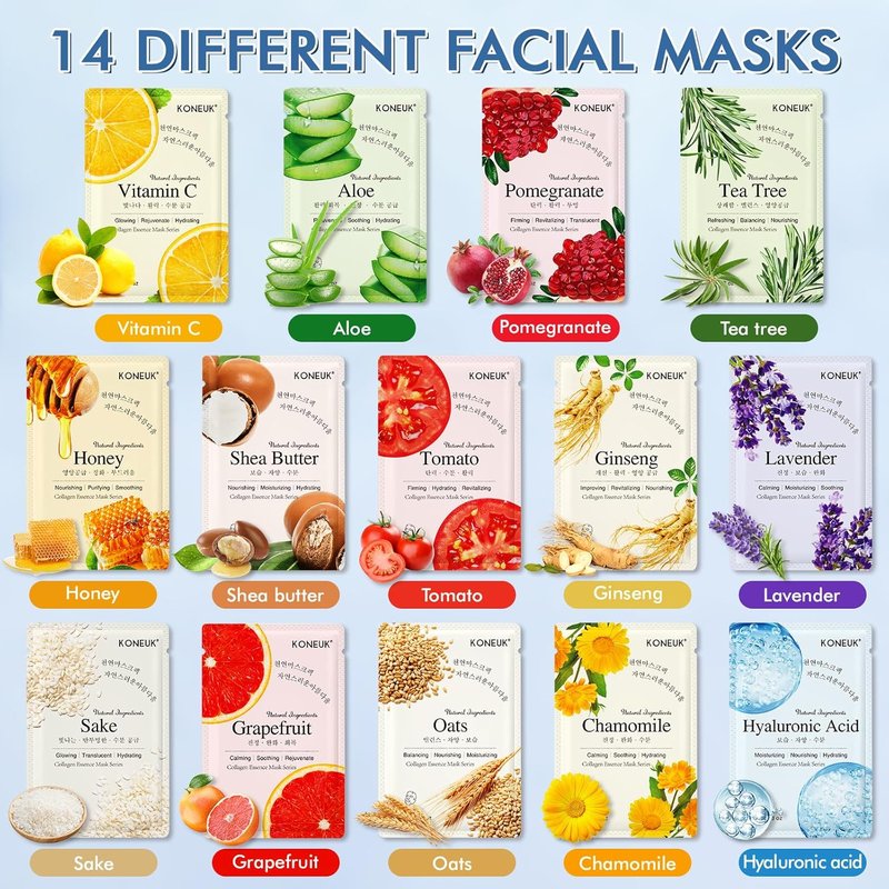 Hydrating Face Masks for Dry Skin - 14 Pack Sheet Mask Set | Perfect Spa Gift for Women