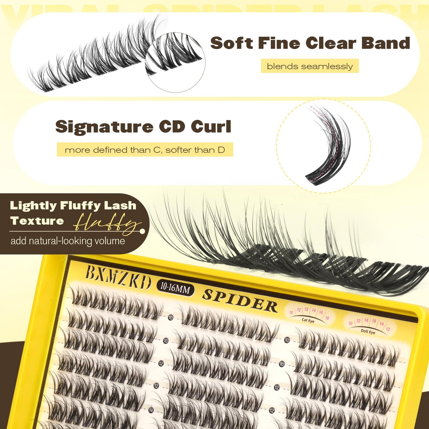 Spider Lash Clusters Kit Natural Fluffy Eyelash Clusters Kit Spider Breeze Cluster Eyelash Extensions 10-16MM D Curly Wispy Individual Lashes with Invisible Band for DIY Lash Beginners