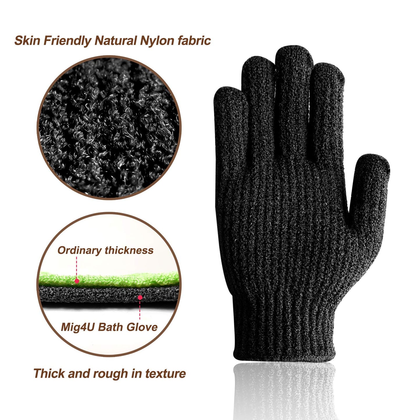 MIG4U Shower Scrub Gloves Exfoliating for Women and Men Medium to Heavy Bathing Remove Dead Skin Body Beauty Sponge Loofah Deep Cleansing (1 Pair, Black-Nylon)