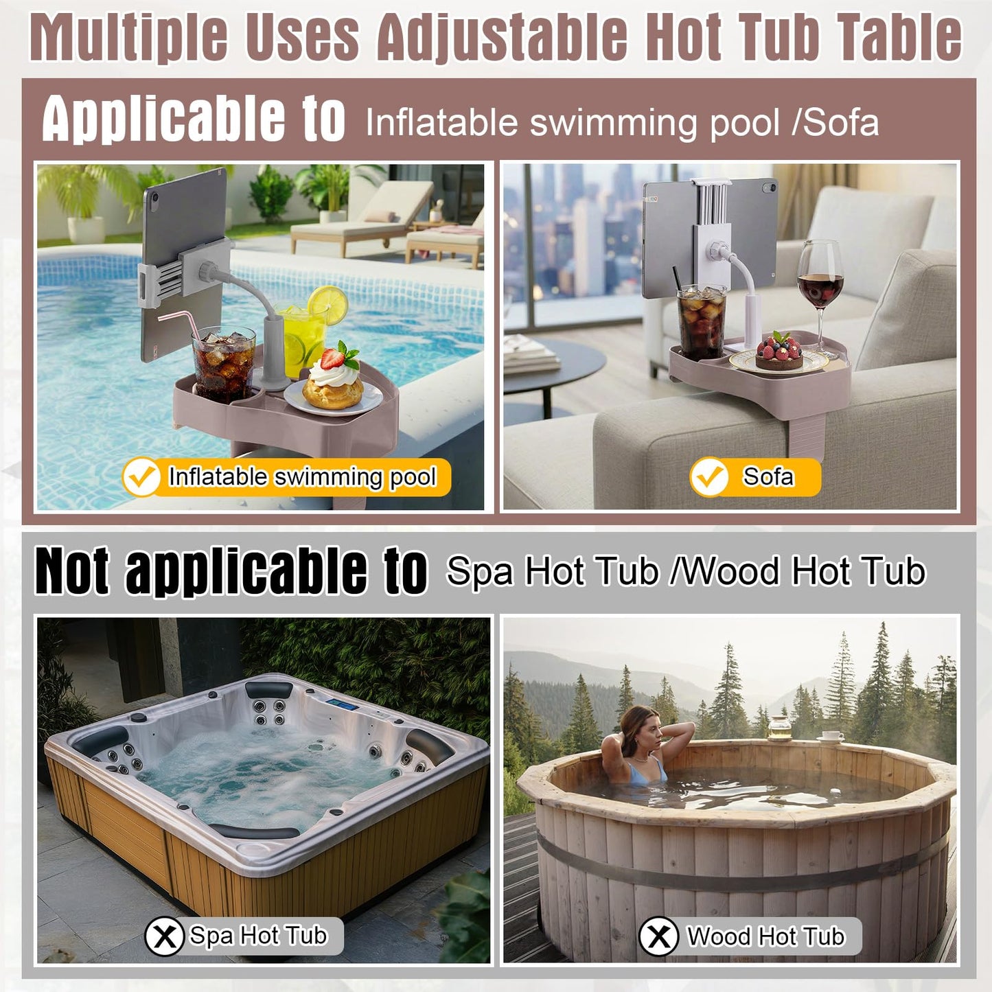 Lewtemi 2 Pcs Hot Tub Table Tray with Adjustable Phone Holder and 2 Cup Holders Bath Pillow Spa Headrest Pillow with Suction Cup Hot Tub Accessories for Outdoor Inflatable Pool