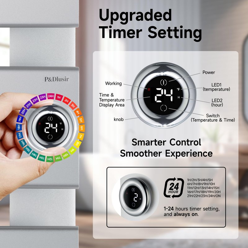 P&Dlusir Towel Warmer, Heated Towel Rack with Adjustable Temperature and Timer (1-24h, On), Fast Heating and Drying for Bathroom, Memory & Remote Control Compatible, Right-Wiring, 3-Panel, Silver