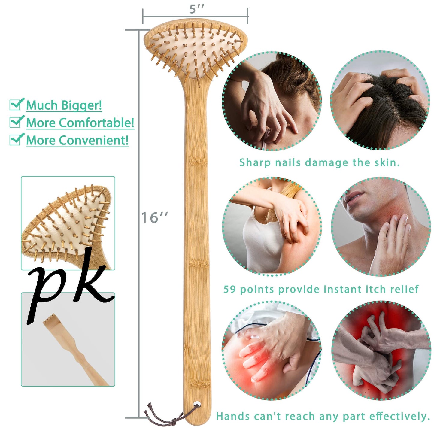 beerfingo Large Curved Bamboo Back Scratcher - 59 Points Provide Instant Itch Relief, Curved Handle & Air Cushion, Easy to Reach Itch Point, Back Massager for Men Women Adults Thanksgiving Gift