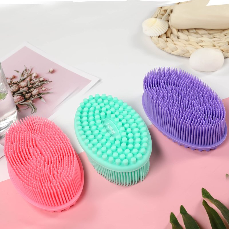 Silicone Body Scrubber Loofah - Set of 3 Soft Exfoliating Body Bath Shower Scrubber Loofah Brush for Sensitive Kids Women Men All Kinds of Skin(Purple/Green/Pink)