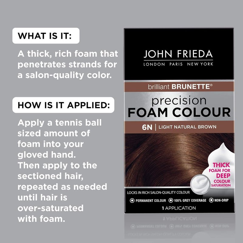 John Frieda Precision Foam Colour - Light Natural Brown 6N Hair Dye Kit | Full-Coverage, Anti-Fade Gray Coverage