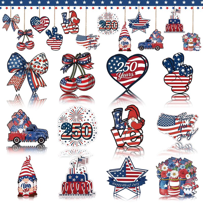 PODUOJIEYI 12 Pcs 4th of July Wooden Ornaments, 250th Anniversary Patriotic Hanging Ornaments, American Flag Themed DIY Back Decorations for Independence Day Tree Wreath Party Supplies