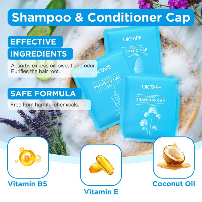 OK TAPE No Water Shampoo Caps (6 Pack) 3 Scents, Rinse Free Shower Cap for Elderly, After Surgery, Camping, Shampoo and Conditioner Hair Wash Cap (Lavender, Verbena and Cucumber Scents)
