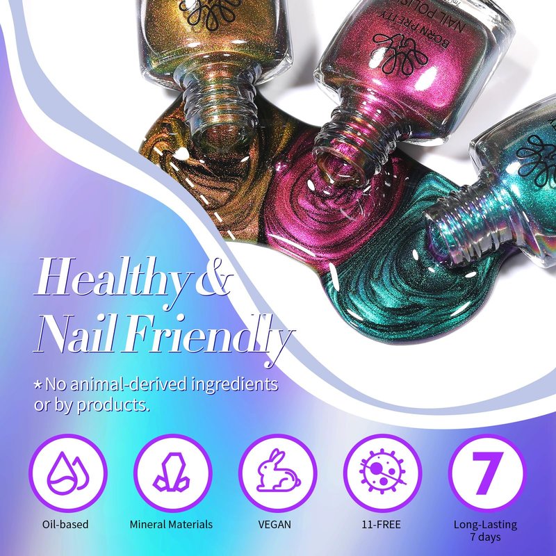 Born Pretty Chameleon Nail Polish Set, 6 Colors Chrome Holographic Metallic Glitter Quick Dry Nail Lacquer Kit Long Lasting DIY Fingernail Art Home Salon Valentines Gifts for Women Girls
