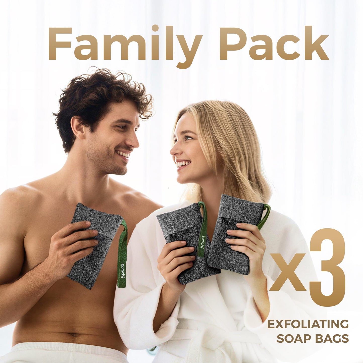 ZOMCHI Exfoliating Soap Bags, 3-Pack Body Scrubber Savers for Bar Soap, Designed for Deep Cleansing & Exfoliation (Gray)