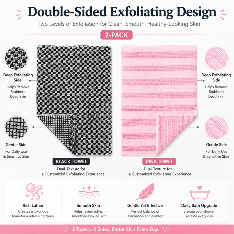 PLLCJB 2Pack Exfoliating Shower Towel, Premium Microfiber Scrub Towel, Body Scrubber with 2 Sides for Scrubbing & Washing, Quick-Drying, Durable and Gentle Exfoliating Towels for All Skin Types