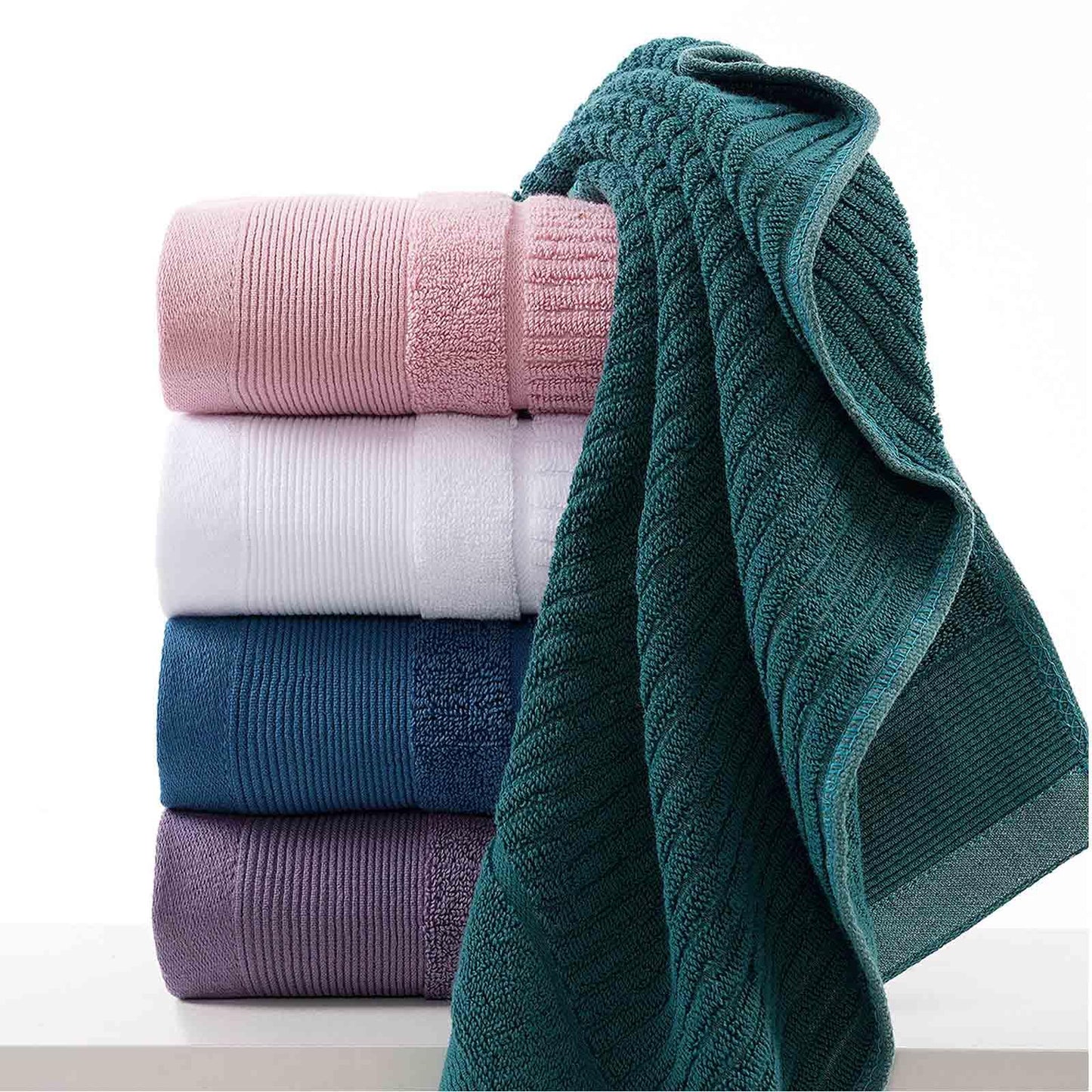 Tuechilles 13 x 29 Inch 100% Thickened Pure Cotton Towels, Bathroom Towels, Soft, Fast Water Absorption and Quick Drying, Ribbed Face Towels 4 Pcs - (Green)