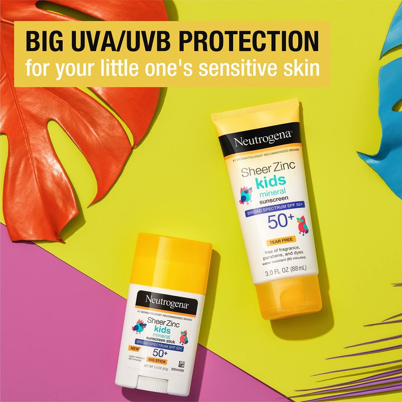 Neutrogena Sheer Zinc Oxide Kids Mineral Sunscreen Stick, Broad Spectrum SPF 50+ & UVA/UVB Protection & Water Resistant with Residue-Free, No-Mess Application, Oil- & Paraben-Free, 1.5 oz
