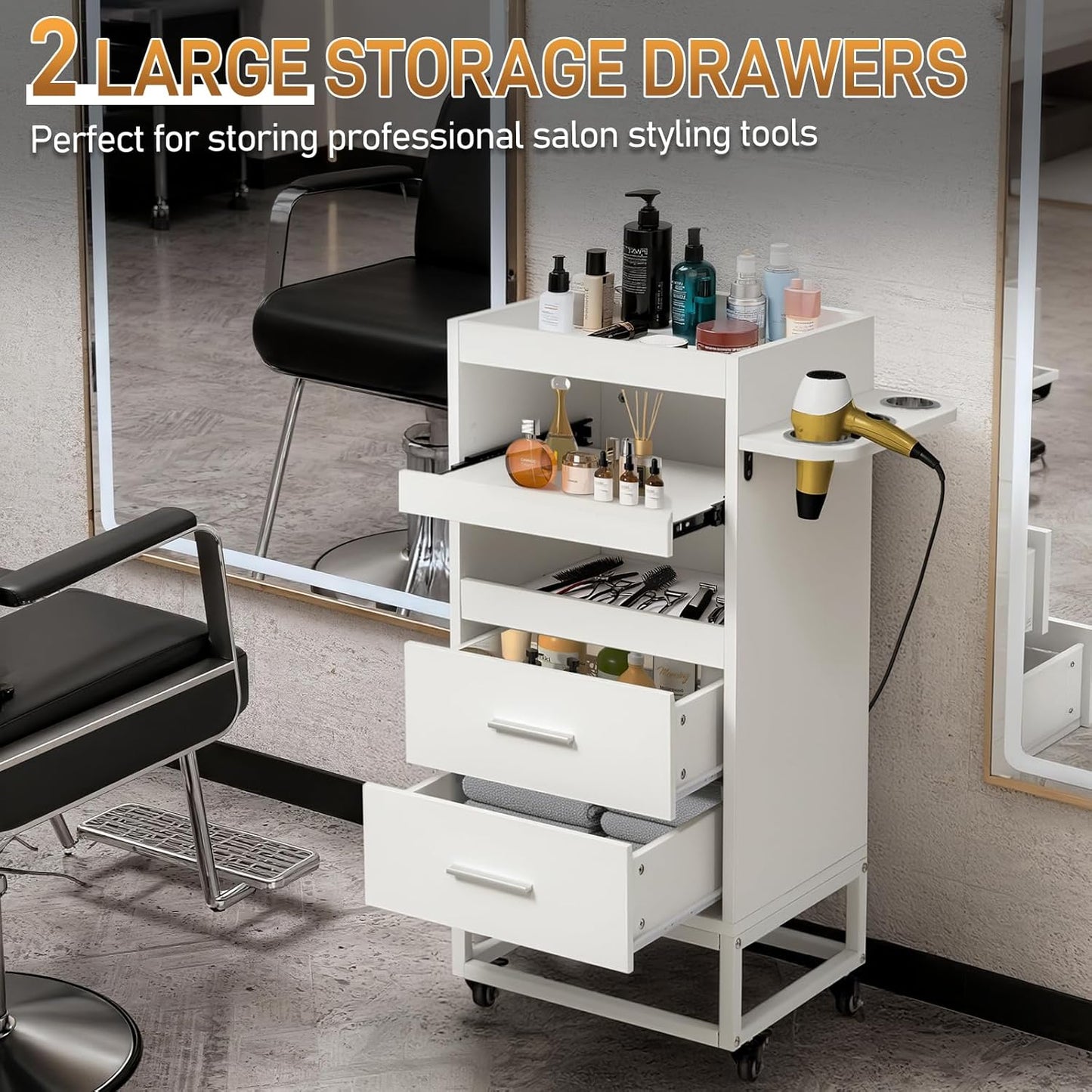 Winado Beauty Salon Trolley Cart, Rolling Hair Cart with Lockable Wheels, 2 Drawers, 3 Tool Holders, Mobile Makeup Organizer Station Cabinet for Hair Stylist Beauty Spa Barbershop, White