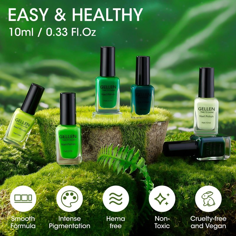GELLEN Green Nail Polish, Quick Air Dry Non-gel Regular Nail Polish No Light Needed for Finger Toe & Fake Nails | 6-color Spring Summer Full Size Green, Apply 2 Thin Coats | Toxin TPO HEMA Free
