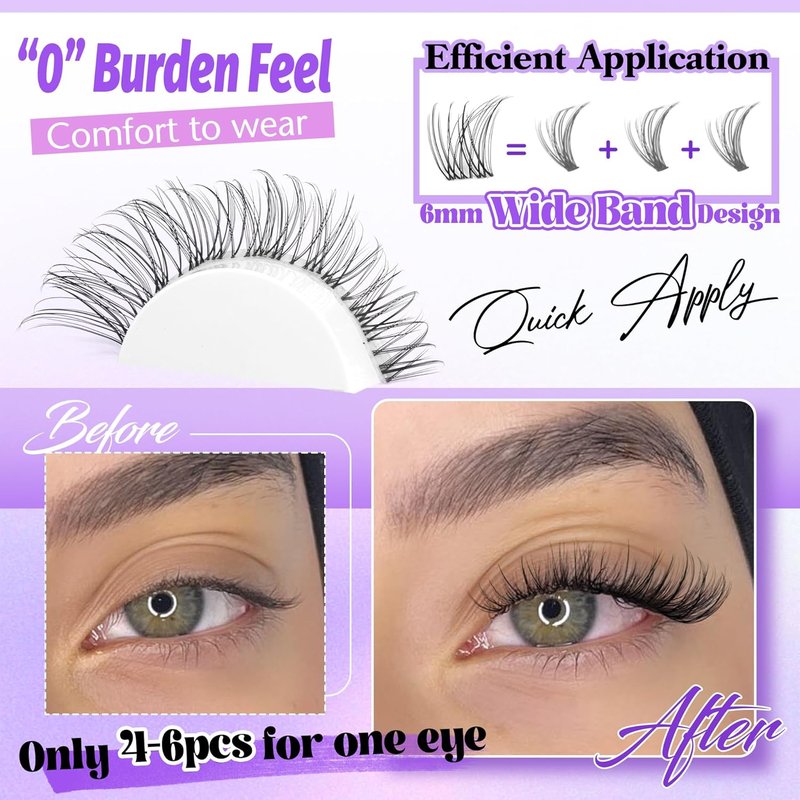 Natural D Curl Eyelash Extensions - Wispy Lash Clusters with Invisible Band | Waterproof 8-16mm DIY Individual Lashes