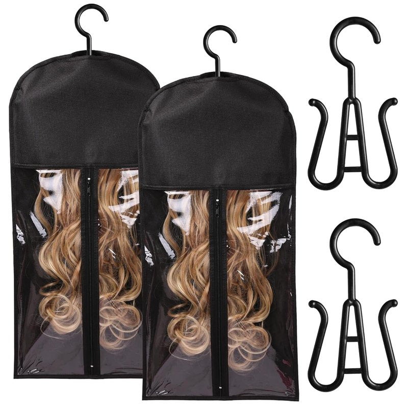Hair Extension Holder - 2PCS Wig Stand & Organizer for Multiple Wigs | Black Hanger & Storage Bag