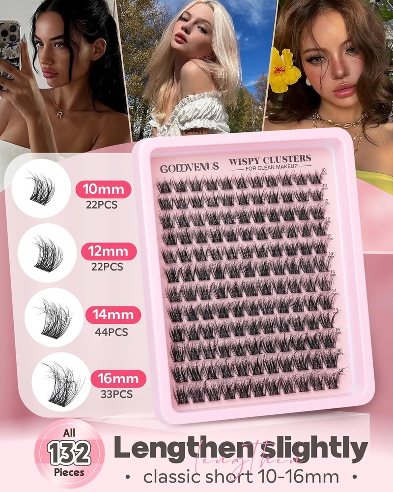 Goddvenus Wispy Lash Clusters - Natural Fluffy Eyelash Extensions | CD Curl, 10-16mm, 132pcs