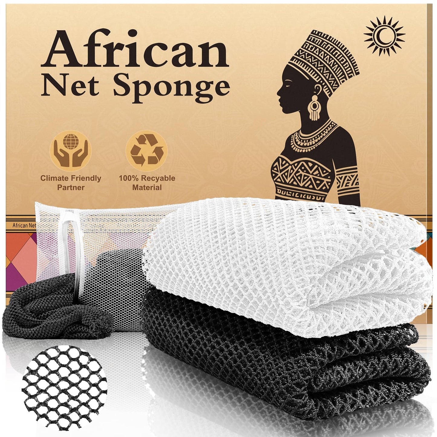 SpiralScgv African Net Sponge Set (2 Pieces) - Premium Exfoliating Scrubber for Face & Body, Travel Portable, Durable, Gentle Exfoliation for Dry Skin(Blue,White)