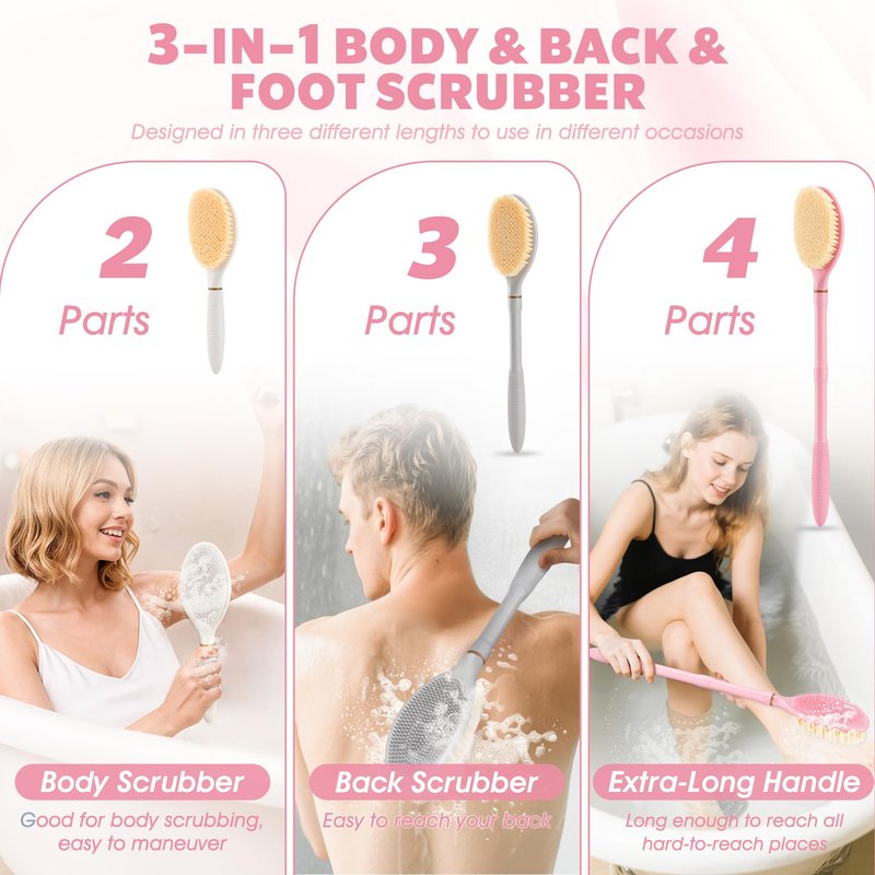 GEENOA Foot Brush & Back Scrubber Set, 27.5'' Adjustable Foot Scrubber for Shower, 18.9'' Shower Back Scrubber with 3-Length Usage, Great Aid for People with Limited Mobility(Pink Set)
