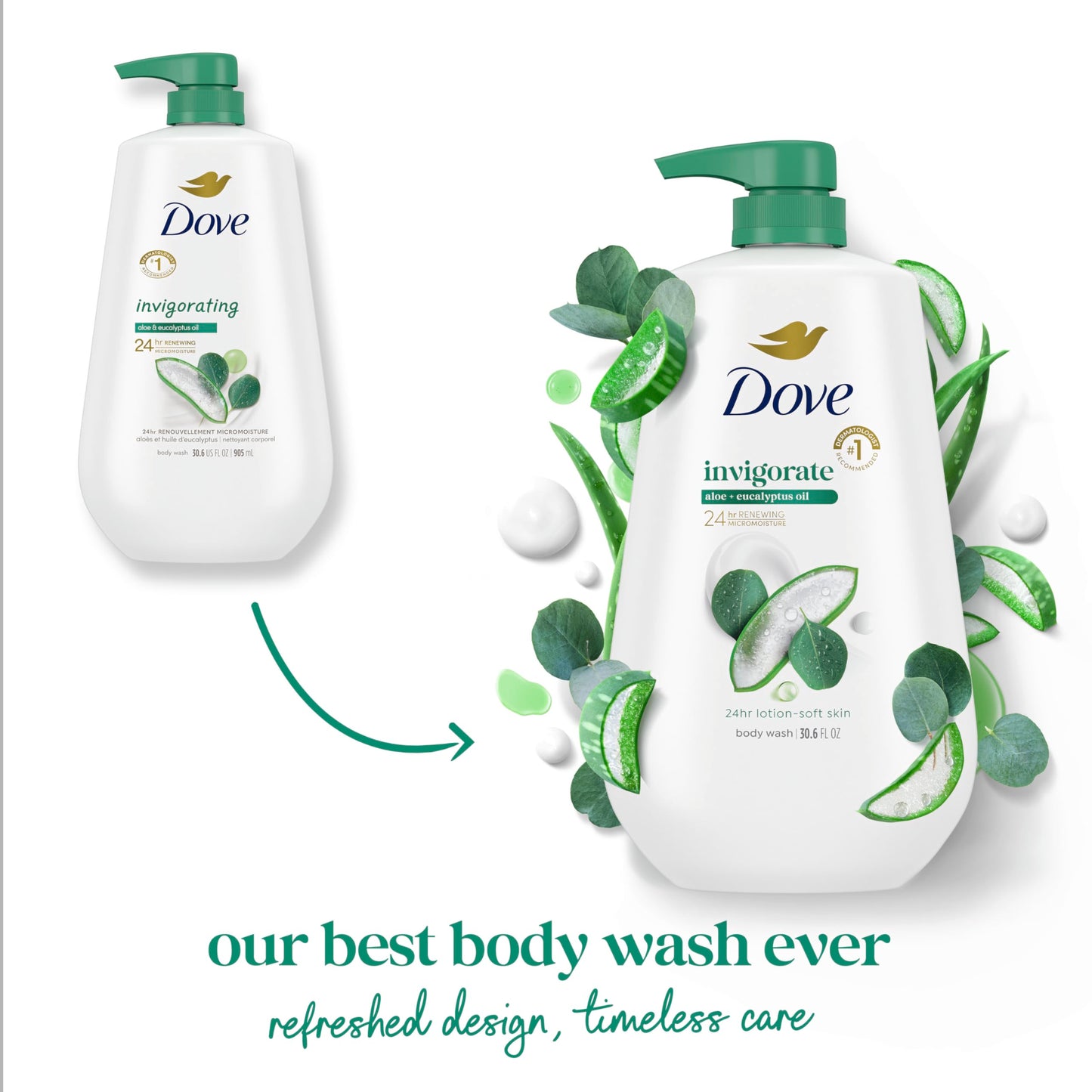 Dove Body Wash with Pump Invigorate Aloe & Eucalyptus For 24hr Lotion-Soft Skin Moisturizing Skin Cleanser with No Sulfates No Parabens 30.6 Oz