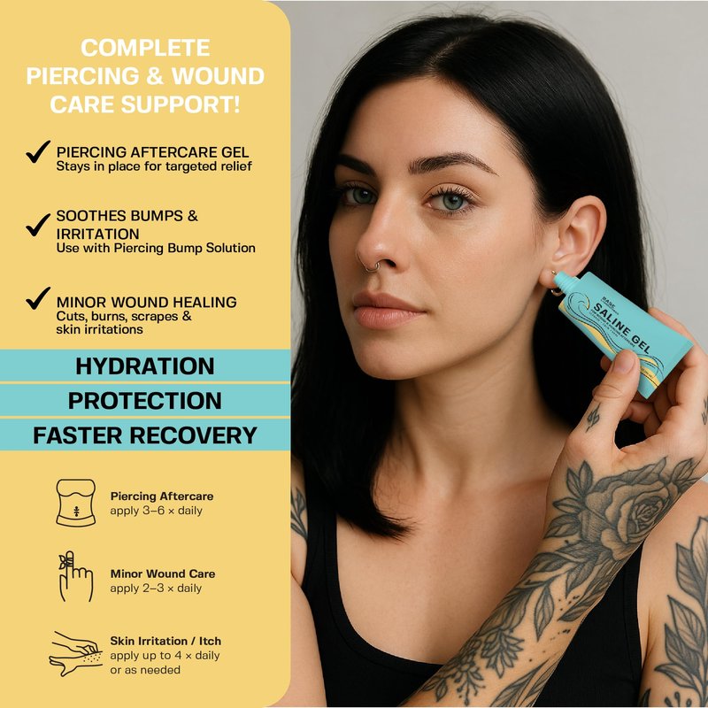 Base Labs Piercing Aftercare Saline Solution Gel 1.5oz – Piercing Bump Solution & Aftercare Spray Alternative – Nose, Ear Piercing Care – Hydrating Gel for Piercings Bumps & Keloids