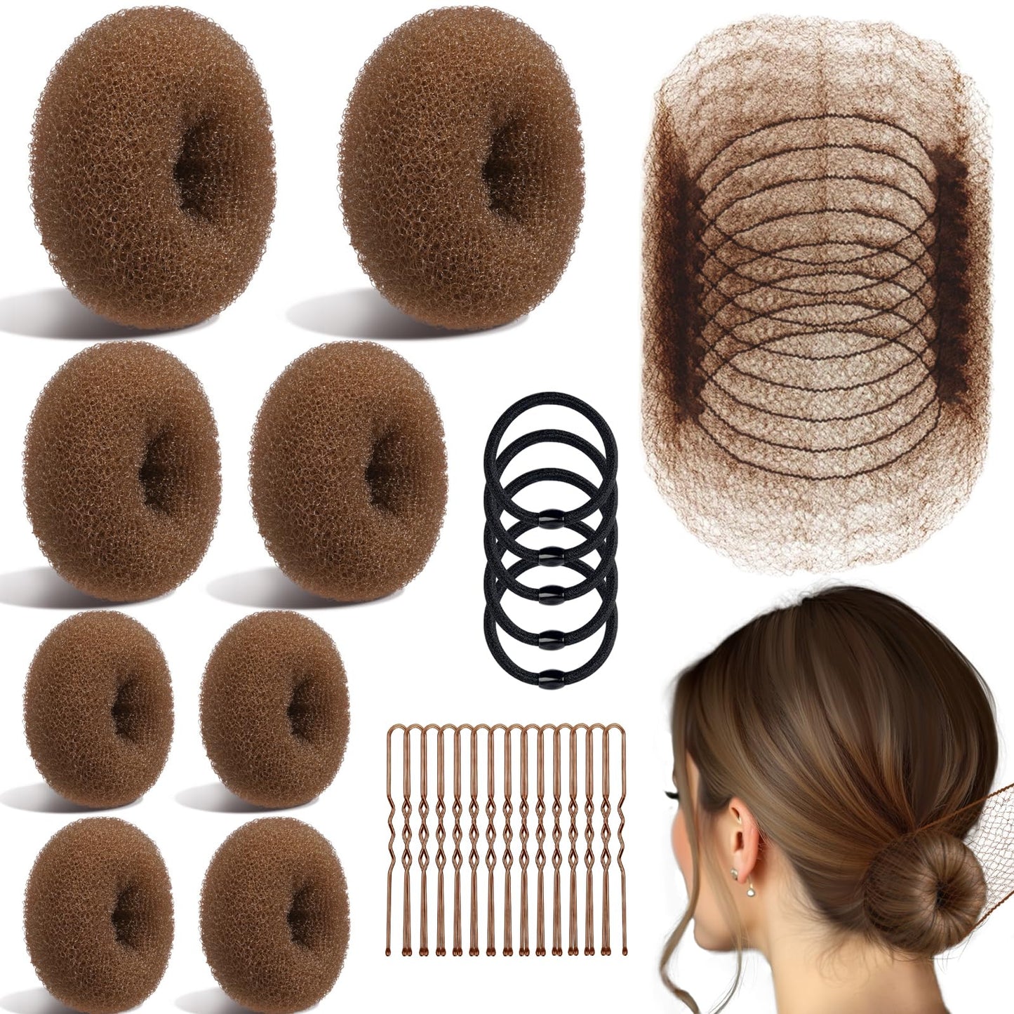 TsMADDTs Hair Bun Maker Set with 8 pcs Donut Buns for Women, 10 Invisible Hair Nets, 40 U Shaped Bobby Pins, 5 Elastic Ties for Girl's Dance, Light Brown