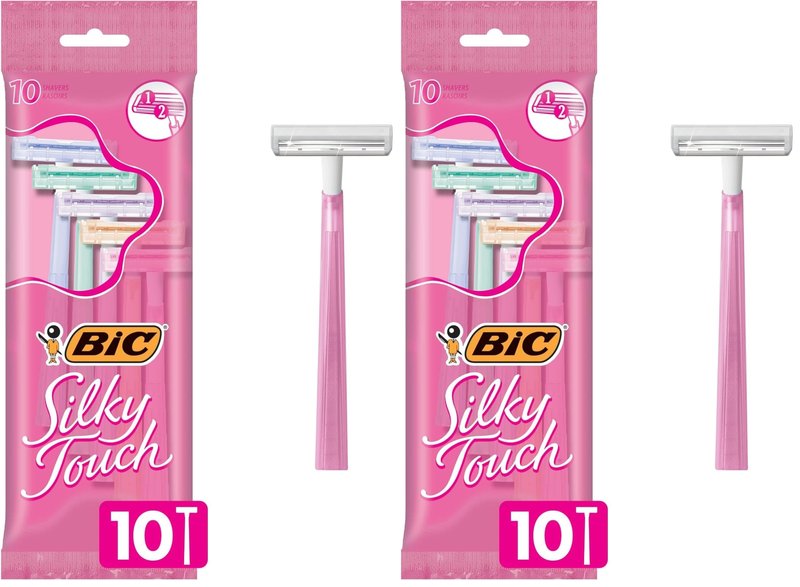 BIC Silky Touch Women's Disposable Razors, With 2 Blades, Pretty Pastel Razor Handles, 10 Count Pack of Shaving Razors (Pack of 2)