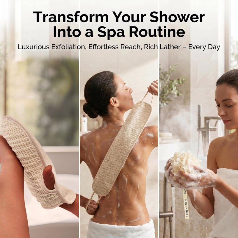 3 Pack Exfoliating Body Scrubber Set – Shower Gloves, Natural Back Scrubber Strap & Bath Pouf Sponge – Jute Cotton Blend Wash Mitt for Full Body Shower Routine & Daily Skin Care