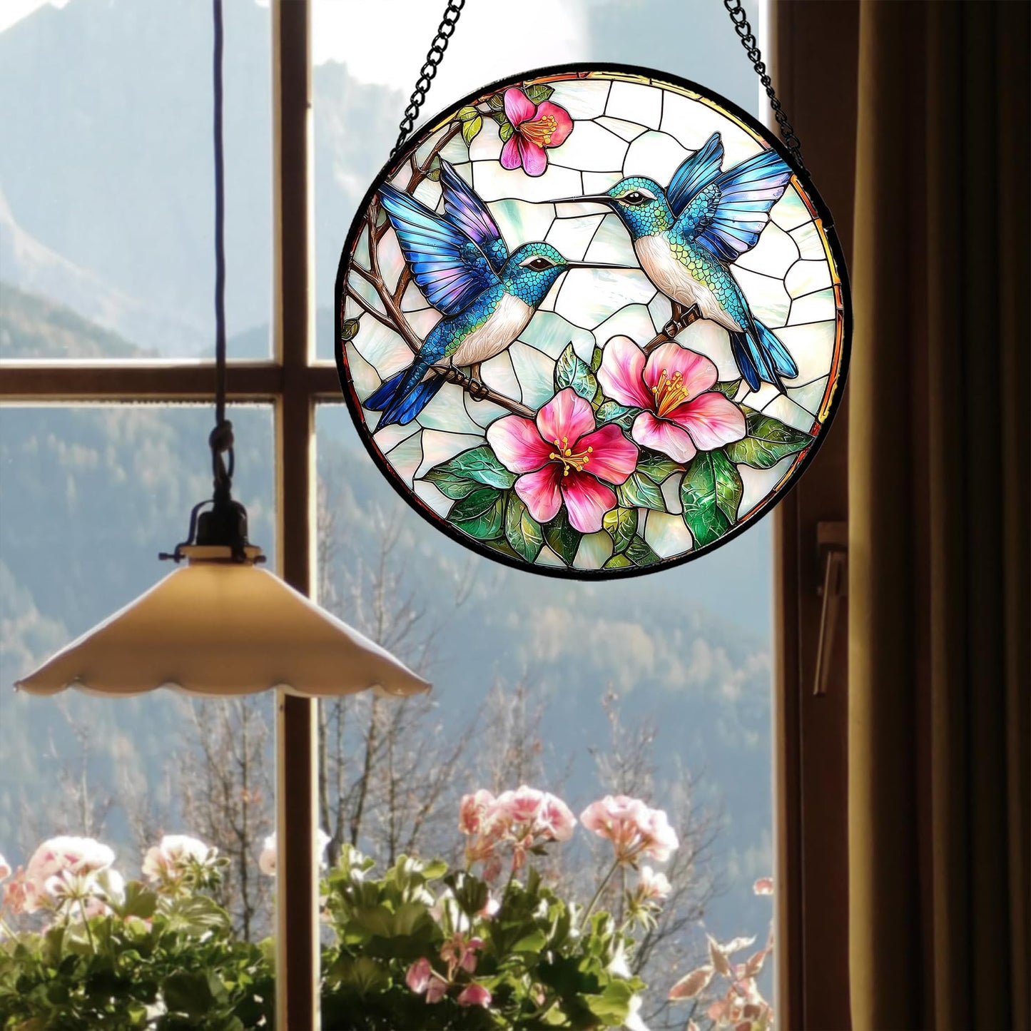JOSUMALY Stained Glass Window Hanging - Blue White Hummingbirds Pink Flowers Suncatcher for Door Terrace Garden Home Decor Bird Sun Catcher Birthday Gifts for Lovers Women Men Dad Mom Nana 7.8 in