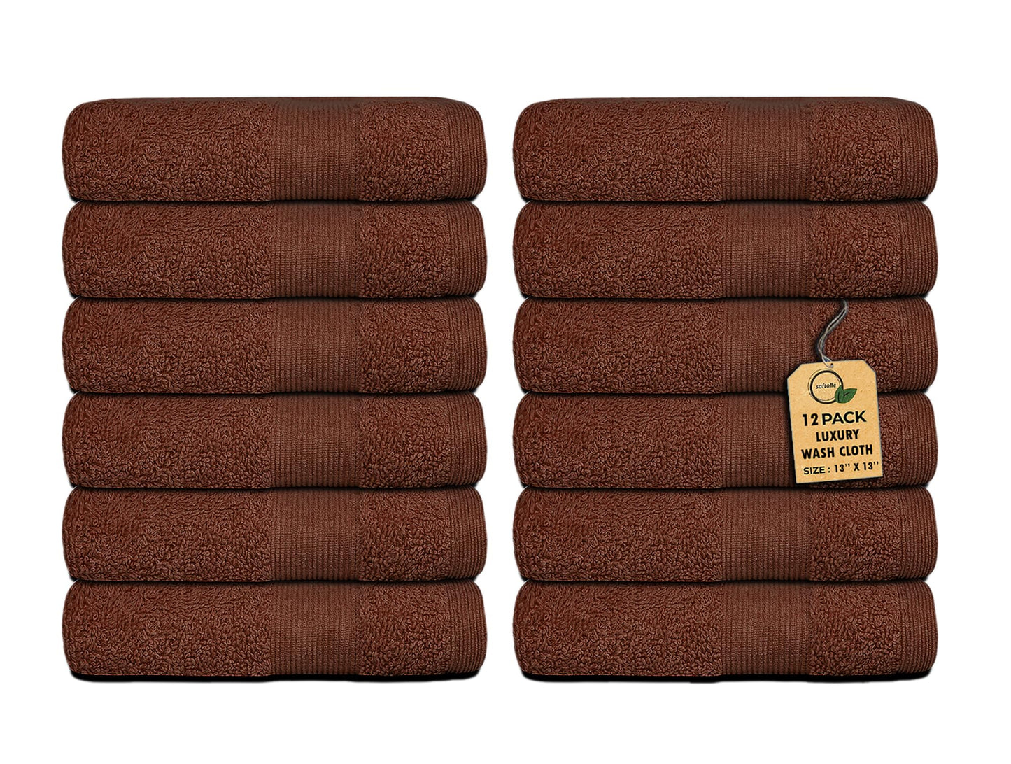 Premium Wash Cloths Pack of 12 (13" x 13") 100% Ring Spun Cotton | Luxury Washcloths | Ultra Soft Face Towels | Highly Absorbent Wash Cloths for face (Dark Brown)