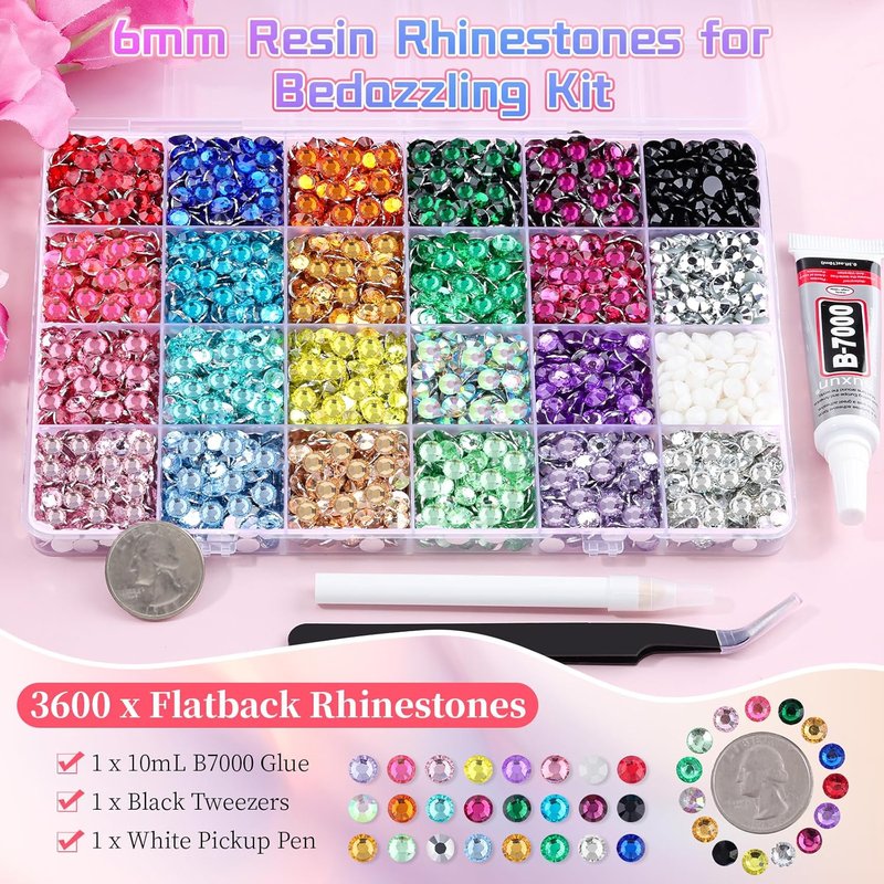 Skiennix 3600 Pcs 6mm Resin Rhinestones - Pink, Red & Black Flatback Gems for DIY Crafting & Bedazzling