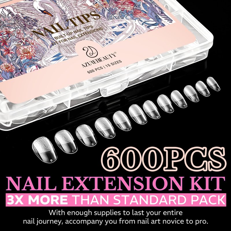 AZUREBEAUTY Short Oval Round Nail Tips, 600pcs Pre Etched Soft Gel Nail Tips 15Sizes Acrylic Fake Nails Half Matte Full Cover Clear Press On False Nail Extensions for DIY Manicure at Home