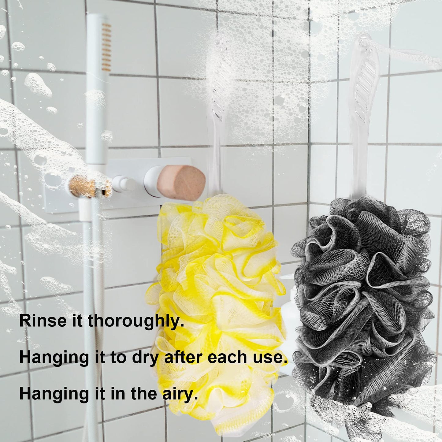 PPHAO BASIC - Black, Yellow & Gray Loofah - Mens & Womens Back Scrubber - 18 Inch Long - 2 Pack
