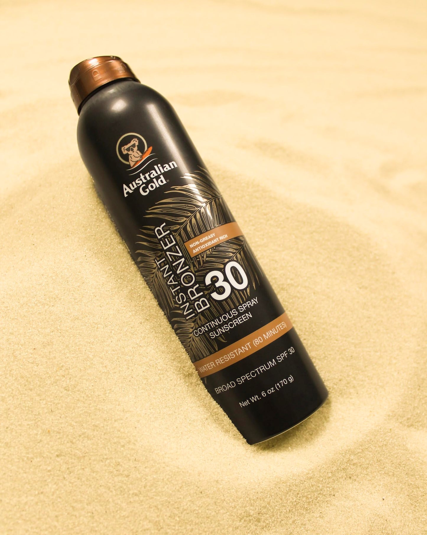 Australian Gold Continuous Spray Sunscreen with Instant Bronzer SPF 30, Immediate Glow & Dries Fast Water Resistant NonGreasy Oxybenzone Free Cruelty Free, Bronzer New, Orange, 6 Oz