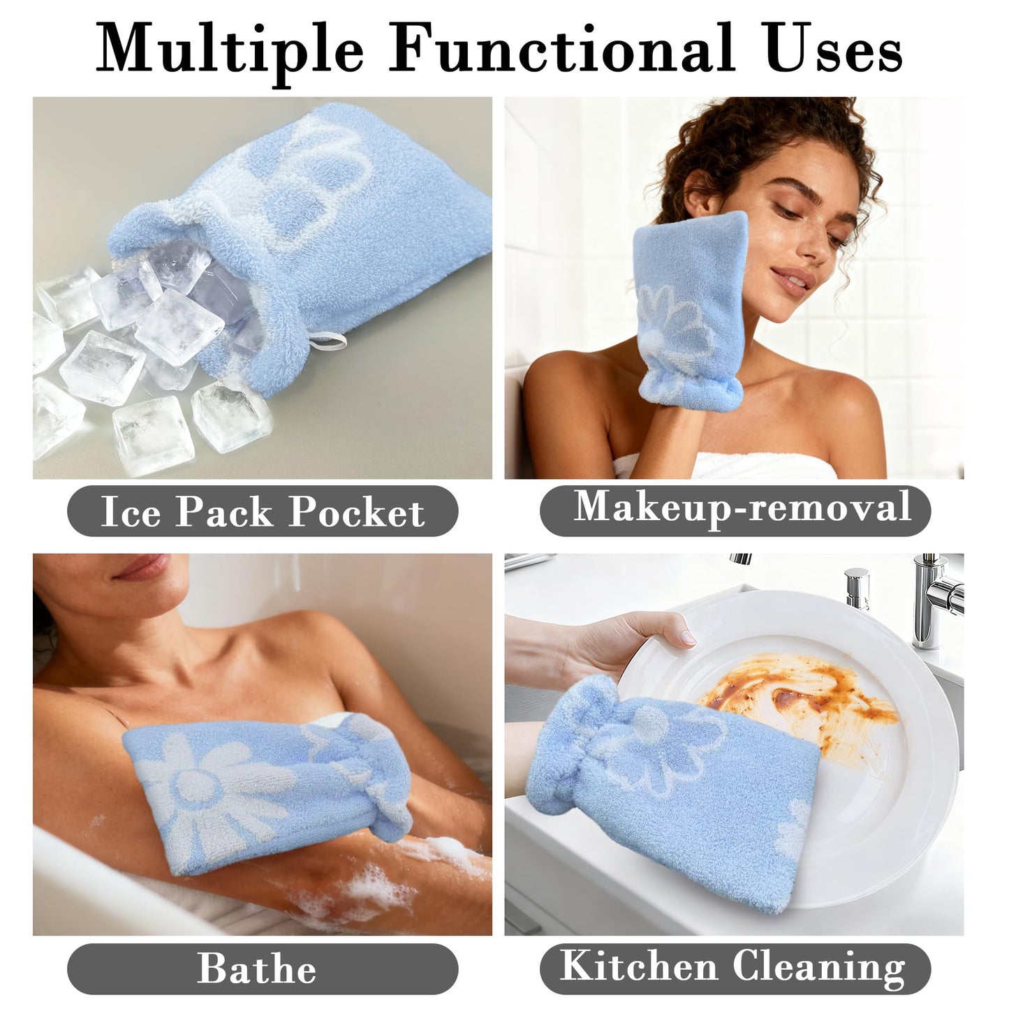 VOOVA & MOVAS Shower Wash Cloth 6-Pack, 100% Cotton Soft Absorbent Bath Mitts with Hanging Loop, 8.3x6.3 Inch European Style Bathing Gloves for Body & Spa, Blue Daisy