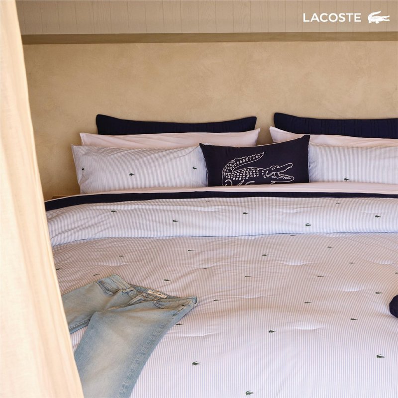 Lacoste Pinstripe Croc Comforter Set, 100% Percale Cotton 180TC, Breathable All Season Bedding with Embroidered Crocodile Logo, Blue, Twin