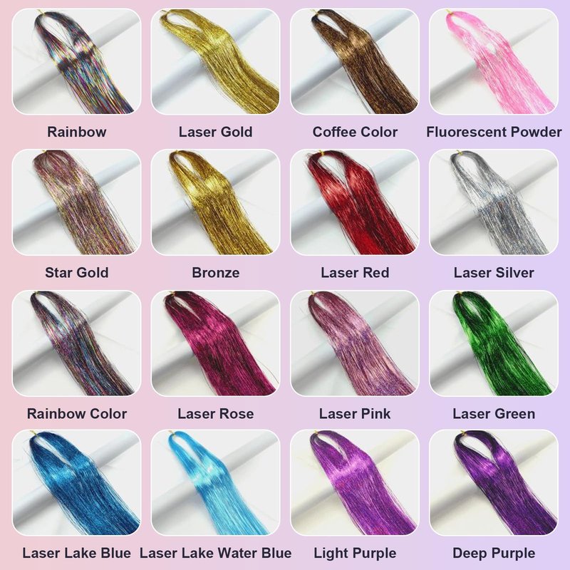 Leuceiy 16 Colors Hair Tinsel Kit, 36 Inch Hair Extensions With Tool, 4800 Strands Sparkling Dazzle Glitter Shiny Fairy Hair Heat Resistant for Girls Women Christmas New Year Festival Party