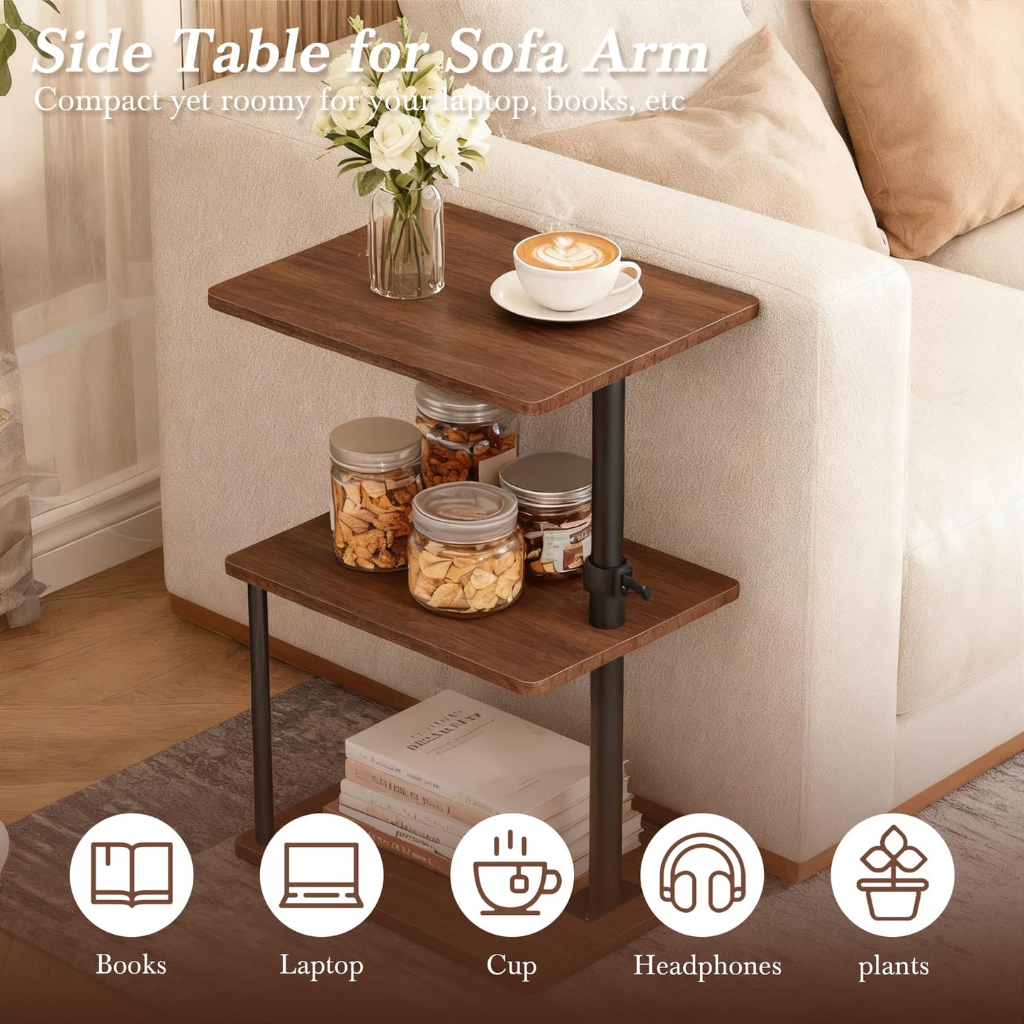 Faesun Swivel Side Table for Couch Arm, Height Adjustable C Shaped End Table for Recliner or Bed, Tv Trays with Storage Shelf for Small Spaces- Small Nightstand for Living Room, Bedroom