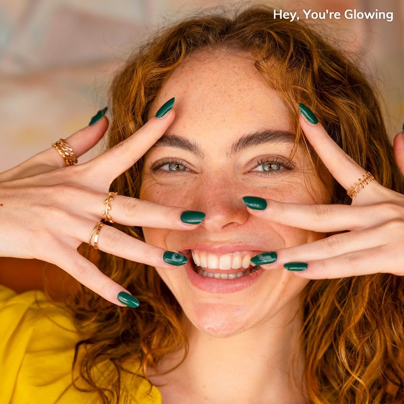Heyhae Semi Cured Gel Nail Strips | No LED Lamp Needed | Solid, Green | Easy Apply & Remove, Salon Quality | Includes 28 Strips, 1 Prep Pads, Nail File & Wooden stick - Hey, You're Glowing