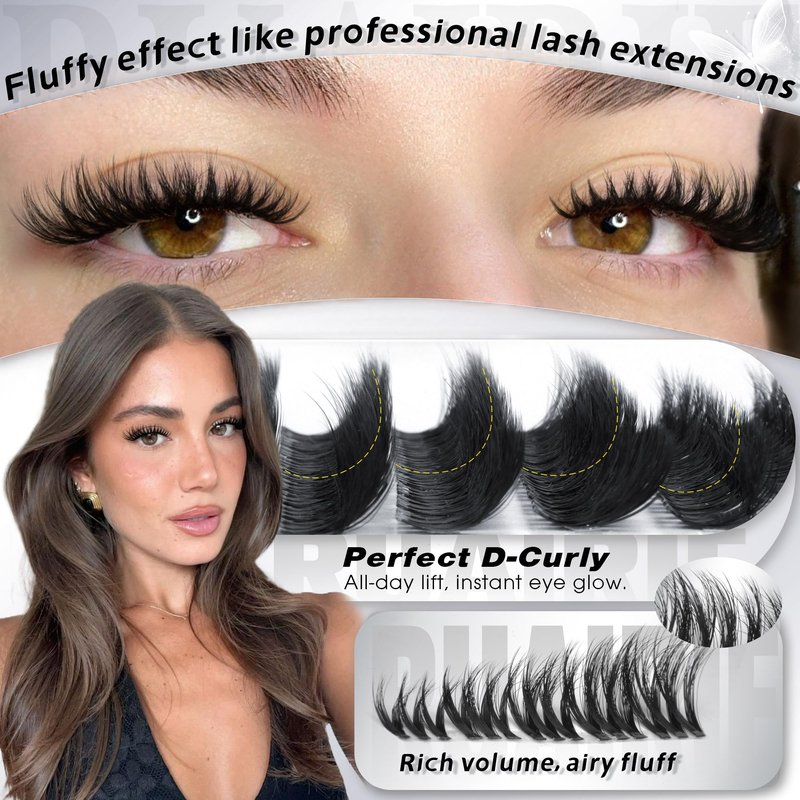 Fluffy Lash Clusters Wispy Cluster Eyelash Extensions 8-16mm Downy Eyelash Clusters Volume Lash Clusters Faux Mink D-Curly Spider Lash Extensions Invisible Band Eyelashes Clusters