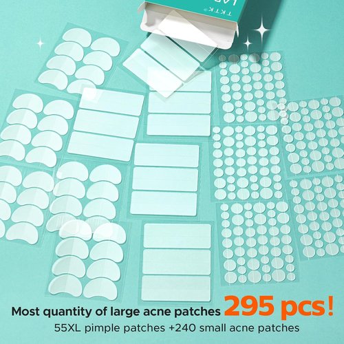 TKTK Large Pimple Patches for Face, 68 x 27 mm XL Hydrocolloid Bandages, Big Acne Patches for Body, Forehead, Chin, Nose, Chest and Back Blemish Zit Breakouts (Strip, Contoured, Dot 5 Sizes 136 Count)