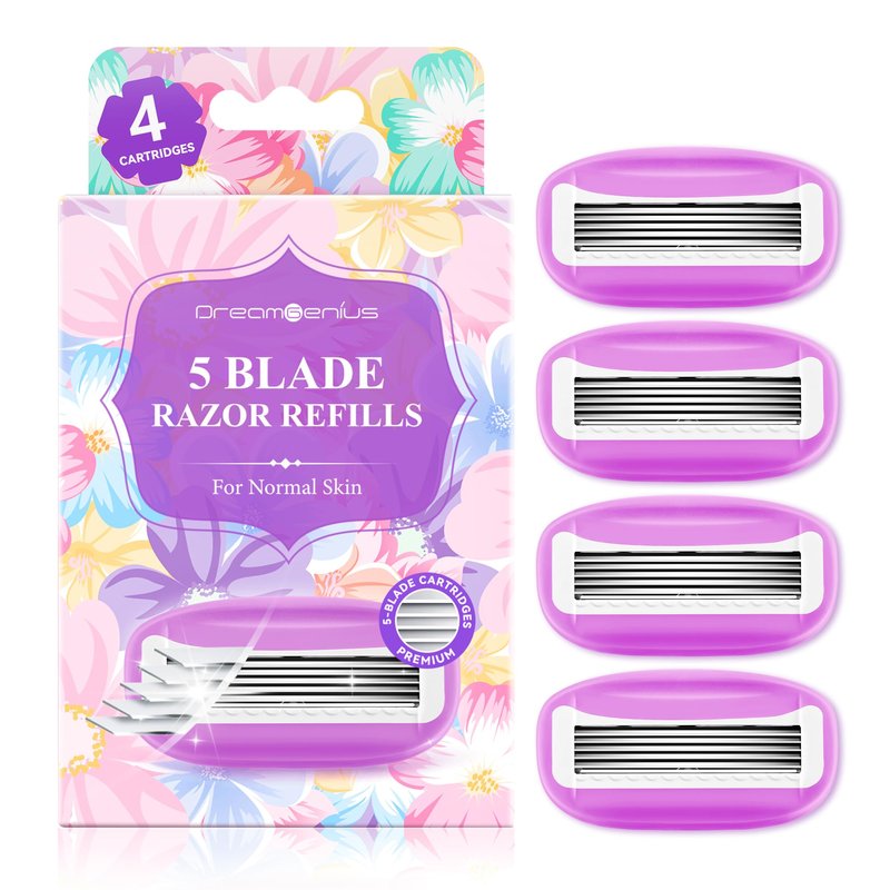 DreamGenius Women’s Razor Blades Refills Include 4 Cartridges, Extra Smooth 5-Blade Travel Razor Refills for Comfort Shaving, Purple