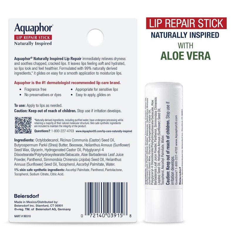 Aquaphor Lip Balm Set - Naturally Inspired Lip Repair With Shea Butter, Coconut Oil (0.17 Oz) + Aloe Vera (0.17 Oz)