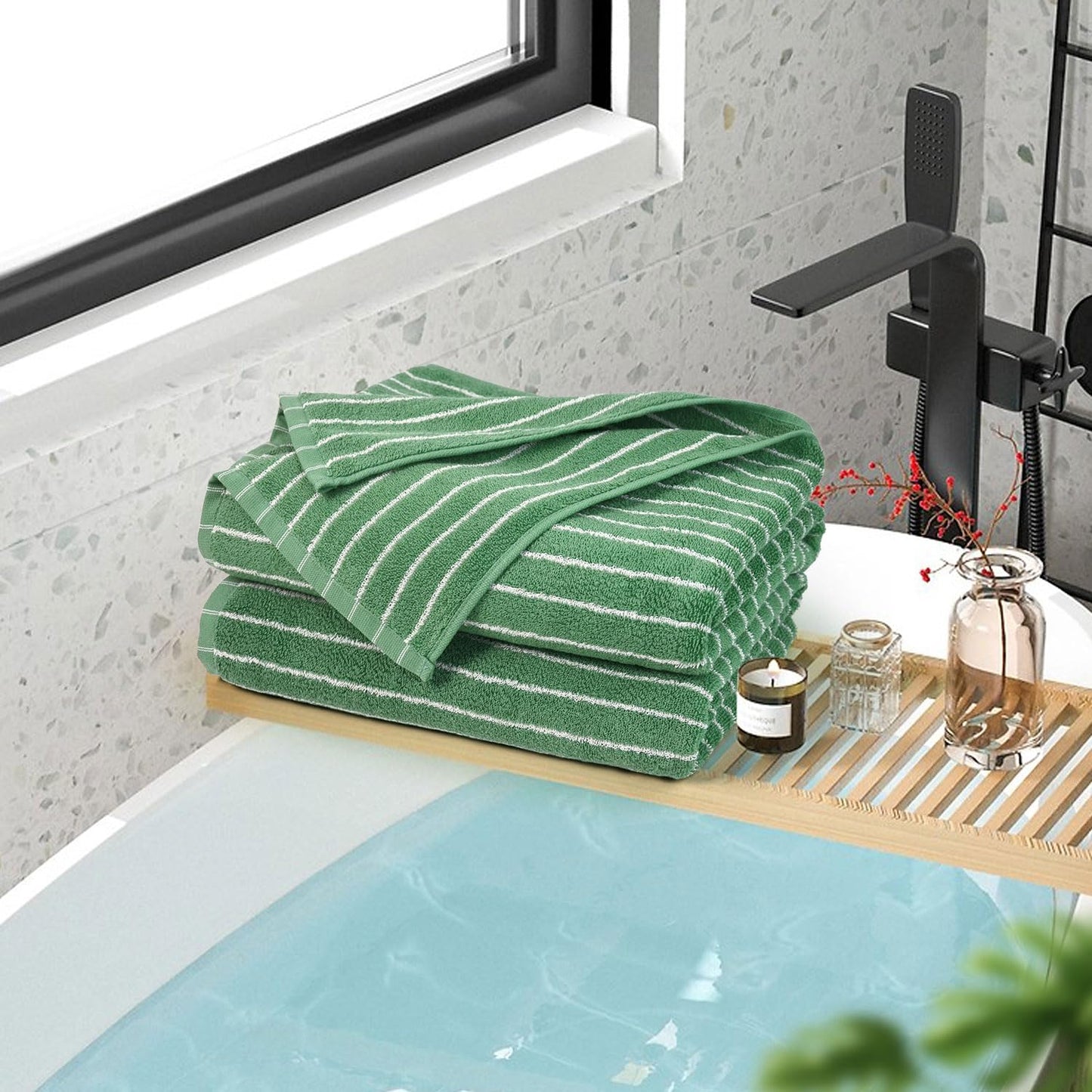 Jacquotha Bath Towels 2 Pack, Lighter & Quick Dry Towels Large 27.5 x 55 inches, Luxury Terry Cotton Towels for Bathroom Beach Swim, Forest Green & White Striped