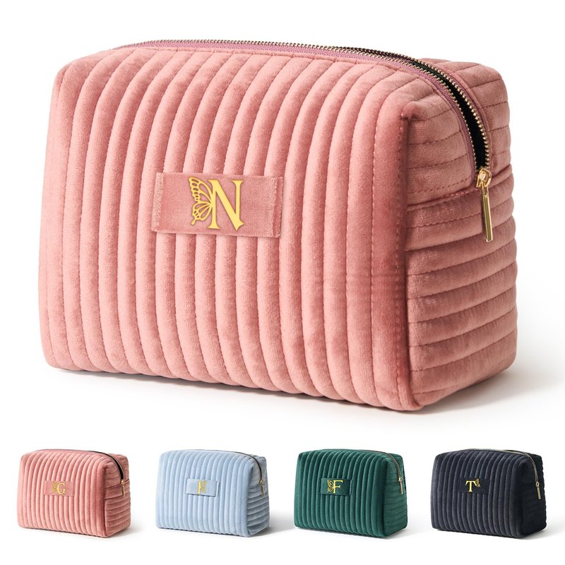 COSHAYSOO Travel Makeup Bag Quilted Make Up Pouch Initial Cosmetic Case with Butterfly Decorations for Women Birthday Easter Mothers Christmas Valentines Graduation Appreciation Gifts Pink Letter N