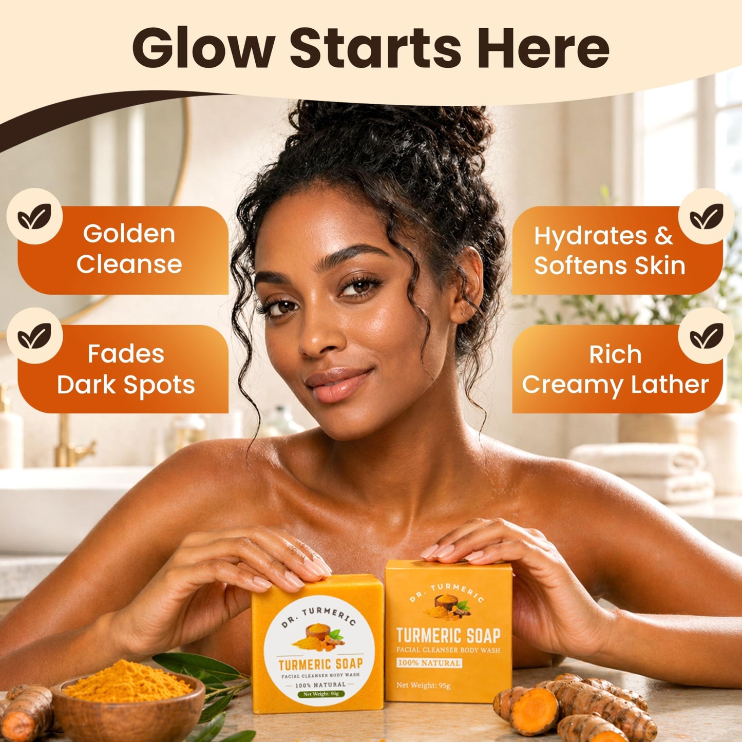 Turmeric Soap Bar for Face & Body | Vegan Skin Cleanser for Smooth, Moisturized & Radiant-Looking Skin | Rich Lather, Deep Cleansing & Refreshing Scent | 1 Bar