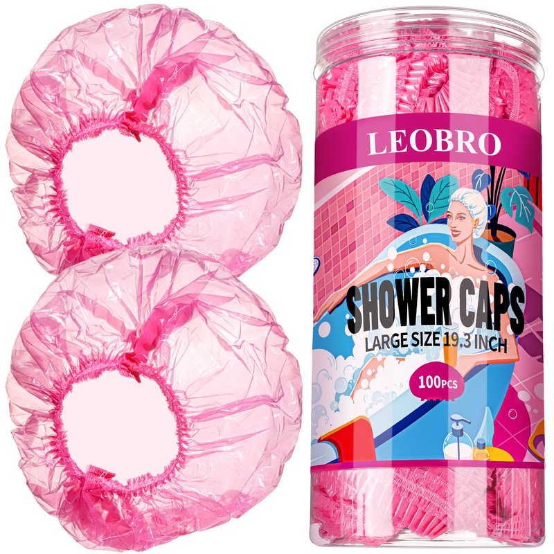 LEOBRO Disposable Shower Caps, 100PCS Large Shower Cap, Plastic Shower Caps for Women Disposable, Thick Plastic Caps for Hair Treatment, Large Size 19.3 INCH, Pink