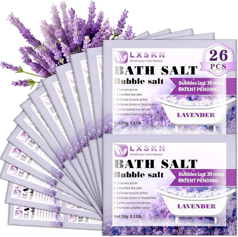 LXSKN Bath Salts - 26 PCS Bubble Salt - Individually Packaged Bathing Alternative to Epsom Salt Relieves Muscle Pain Bubble Bath for Men and Women, Relaxes and Promotes Better Sleep