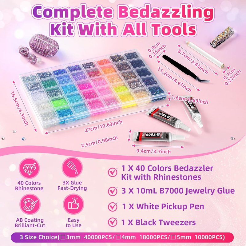 Resin Jelly Rhinestones Kit - 40000 Pcs 3mm Flatback Gems with Glue & Tools | DIY Bedazzling Arts & Crafts